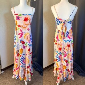 Paper Heart Anthropologie Abstract Sun Face Print Maxi Dress Tie Back L